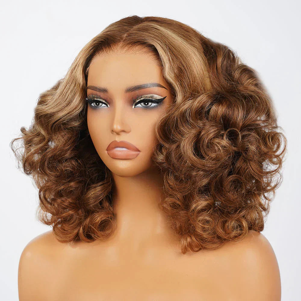 6x5 Glueless Honey Blonde Highlights Bouncy Curl Wig
