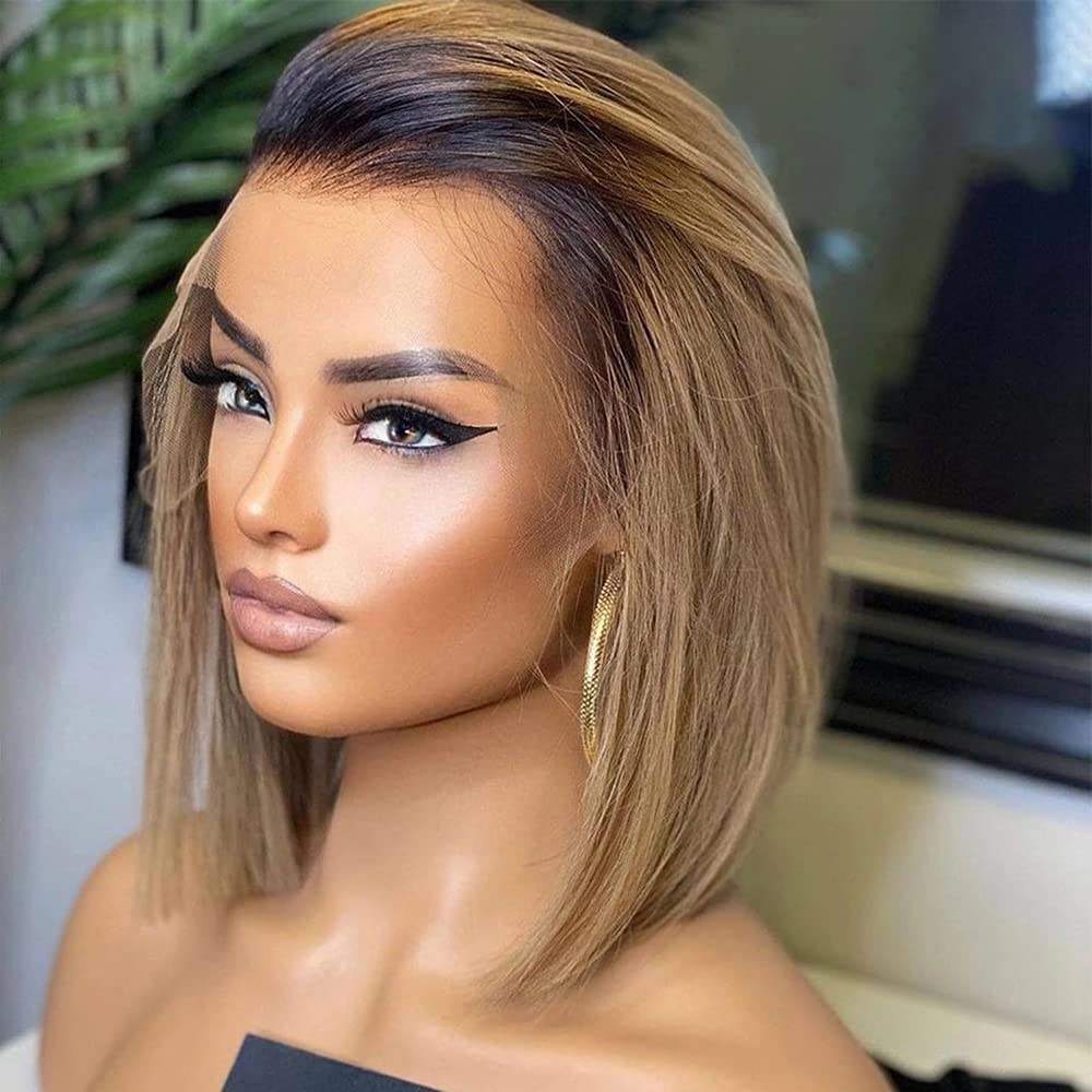 HD Lace Front Bone Straight 1B/gray Color Short Wig Bob
